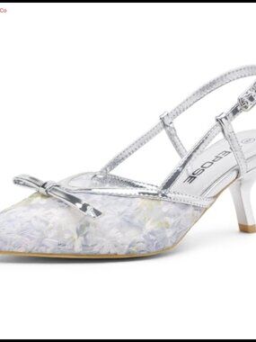 Slingback Kitten Heels Floral Mesh Bow Pointed Toe Dress Pumps